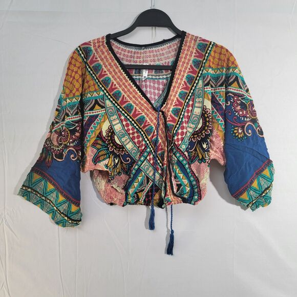 IAM Woman Multicolor Patterned Blouse Bell Sleeves V-Neck Braided Rope Top M - Picture 2 of 7